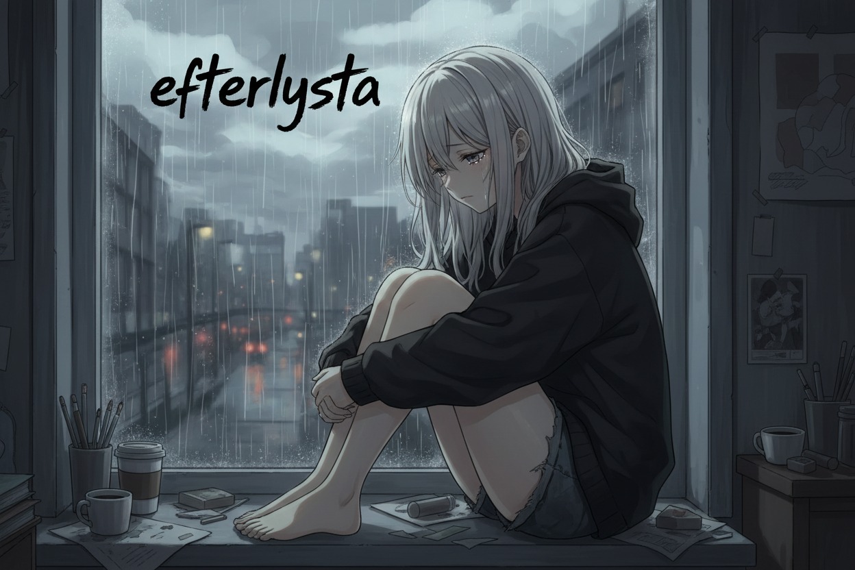 En ledsen flicka med ljust hår sitter i en fönsterkarm och tittar ut över en regnig stad med texten "efterlysta" skriven ovanför.
